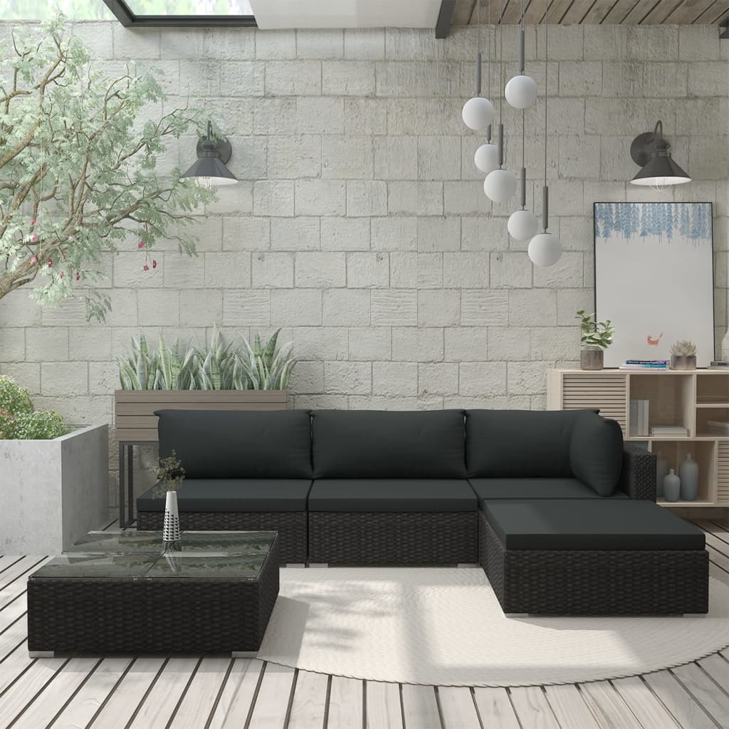 5-tlg. Garten-Lounge-Set mit Auflagen Poly Rattan Schwarz