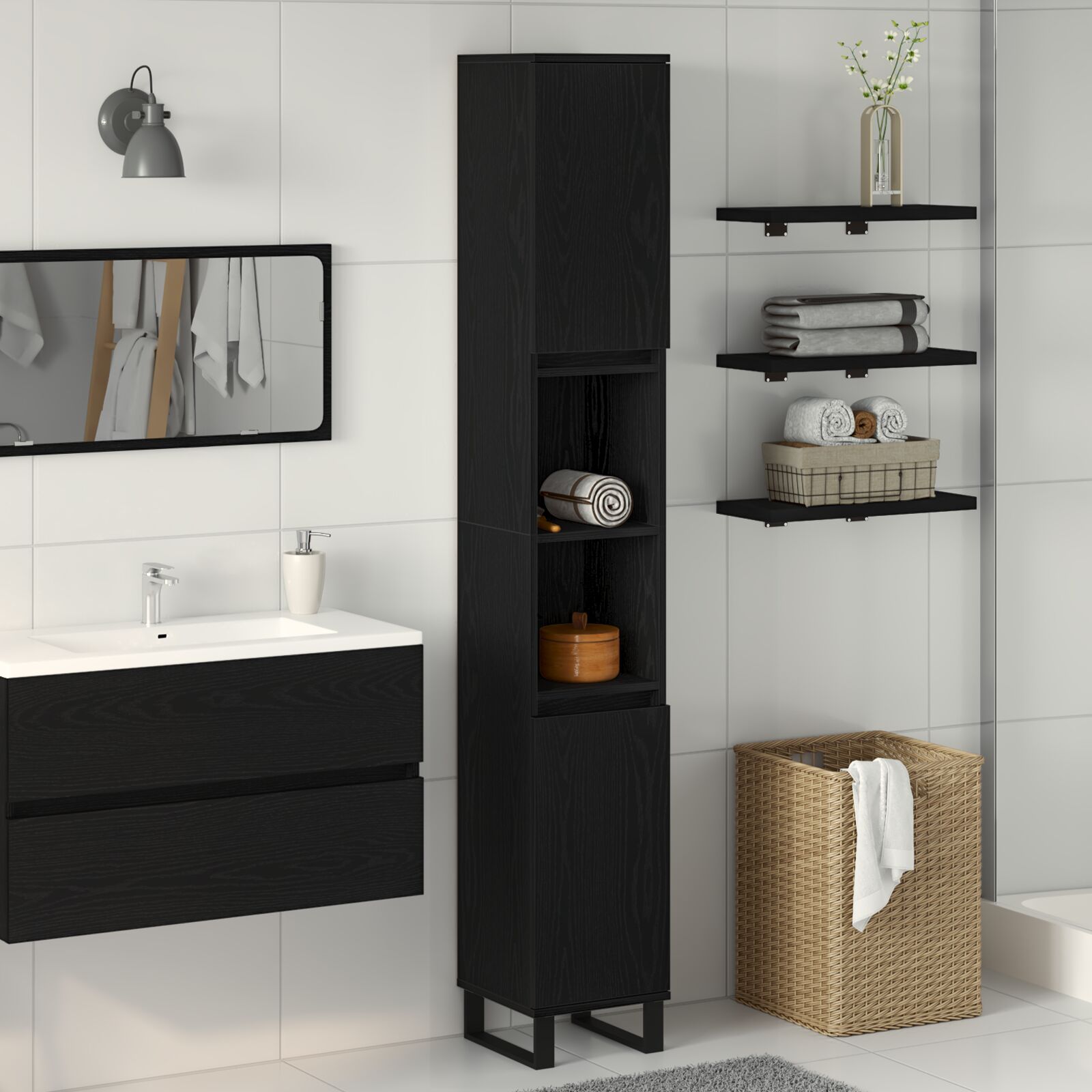 vidaXL Badezimmer Schrank Schwarz Eiche 30x30x190 cm Holzwerkstoff