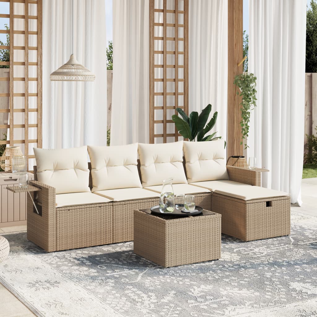 6-tlg. Garten-Sofagarnitur mit Kissen Beige Poly Rattan 6-tlg. Garten-Sofagarnitur mit Kissen Beige Poly Rattan