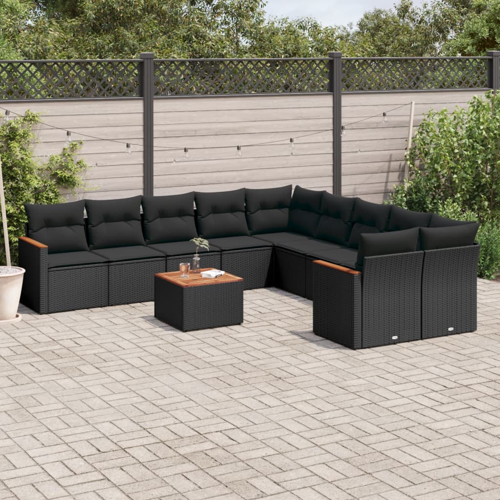 11-tlg. Garten-Sofagarnitur mit Kissen Schwarz Poly Rattan 11-tlg. Garten-Sofagarnitur mit Kissen Schwarz Poly Rattan