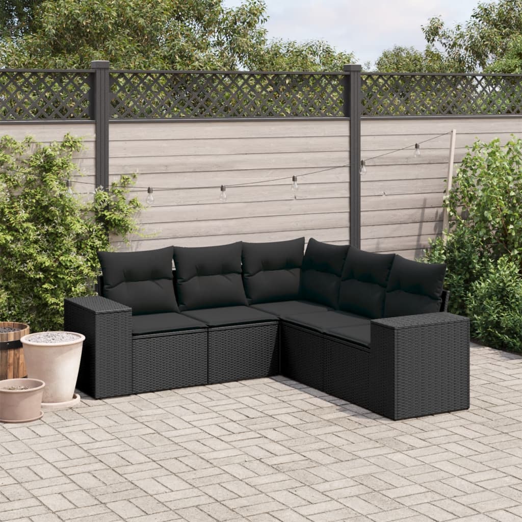 5-tlg. Garten-Sofagarnitur mit Kissen Schwarz Poly Rattan 5-tlg. Garten-Sofagarnitur mit Kissen Schwarz Poly Rattan