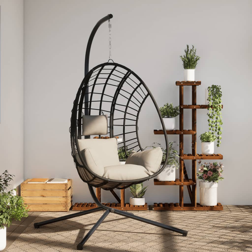 Hängesessel Ei-Design mit Ständer Beige Rattan und Stahl Hängesessel Ei-Design mit Ständer Beige Rattan und Stahl