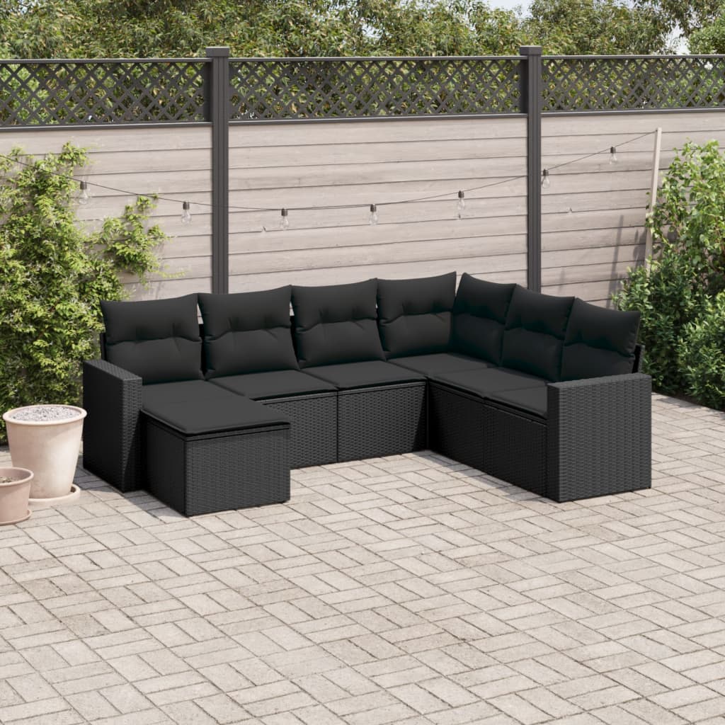 7-tlg. Garten-Sofagarnitur mit Kissen Schwarz Poly Rattan 7-tlg. Garten-Sofagarnitur mit Kissen Schwarz Poly Rattan