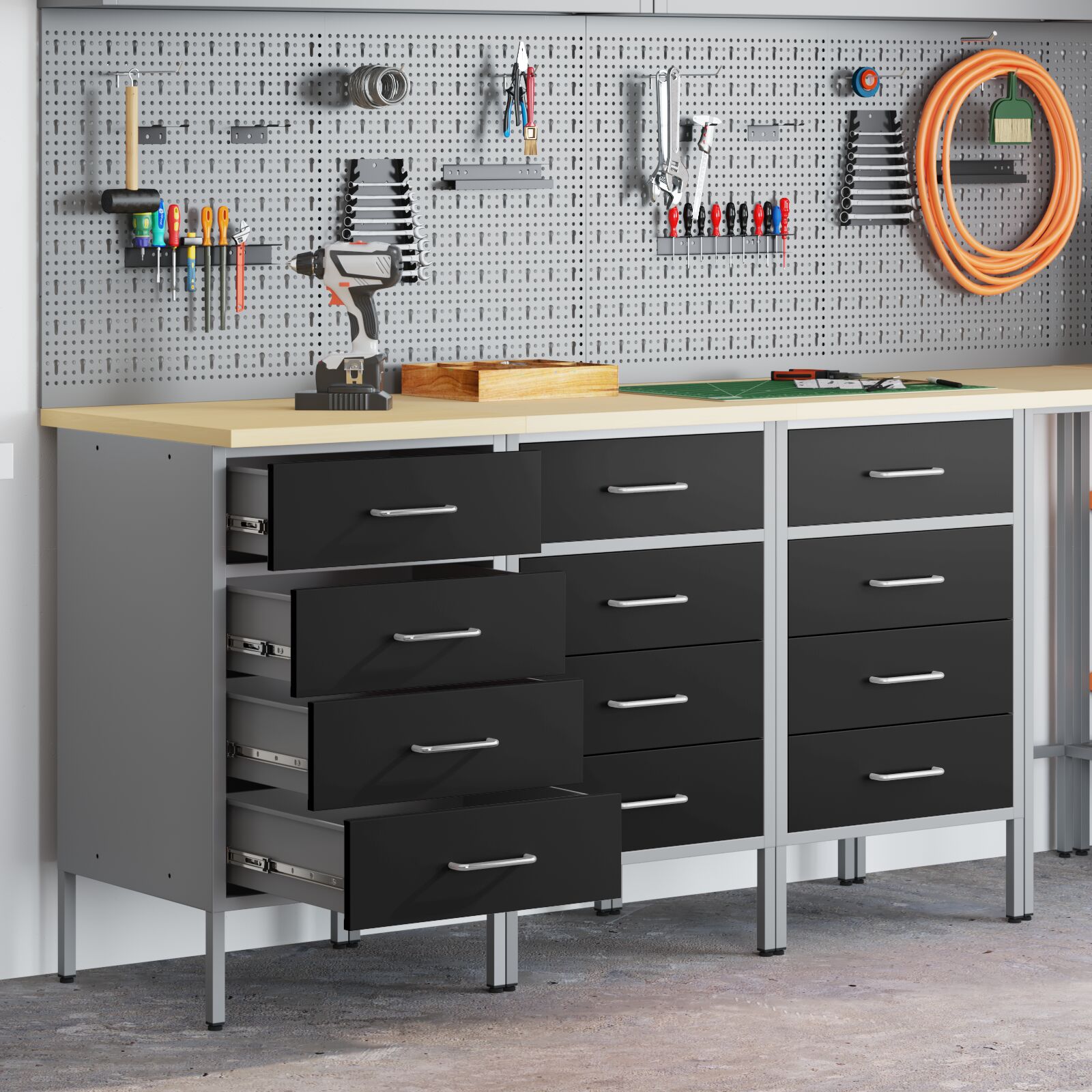 vidaXL Werkbank 3-Teilig Schwarz und Grau aus Holzwerkstoff und Stahl vidaXL Werkbank 3-Teilig Schwarz und Grau aus Holzwerkstoff und Stahl
