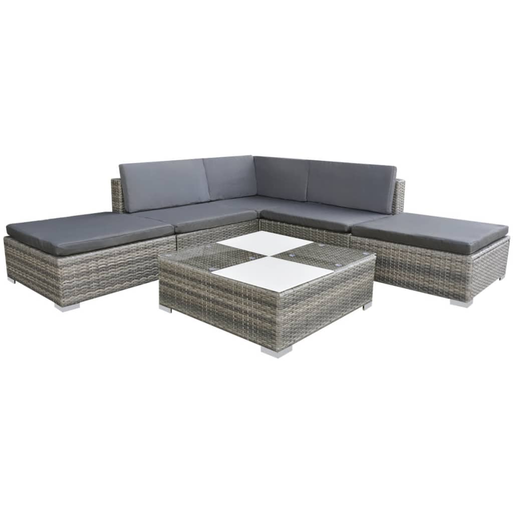 6-tlg. Garten-Lounge-Set mit Auflagen Poly Rattan Grau 6-tlg. Garten-Lounge-Set mit Auflagen Poly Rattan Grau
