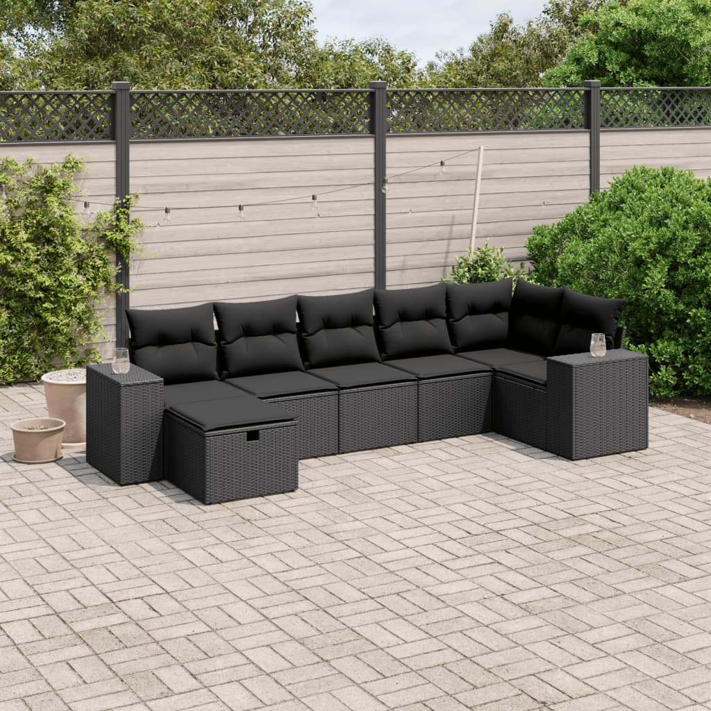 7-tlg. Garten-Sofagarnitur mit Kissen Schwarz Poly Rattan 7-tlg. Garten-Sofagarnitur mit Kissen Schwarz Poly Rattan