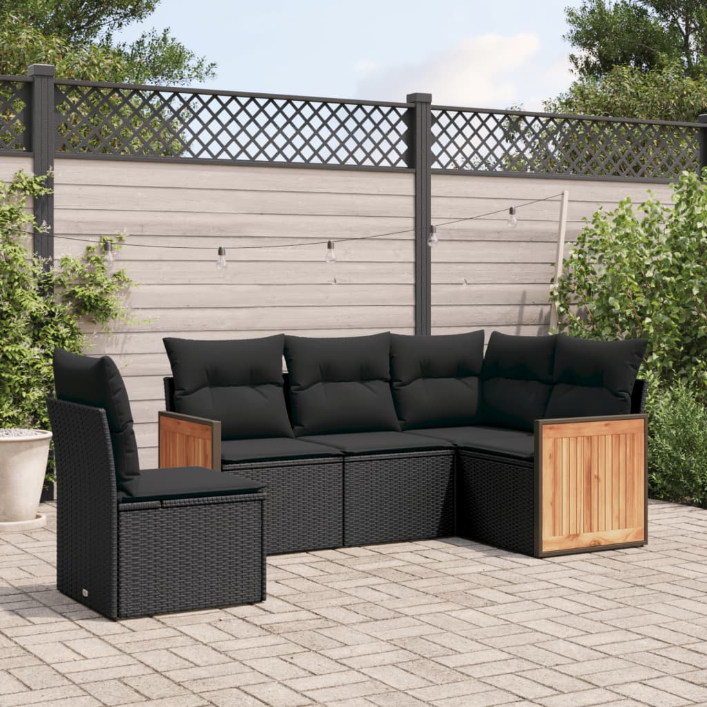 5-tlg. Garten-Sofagarnitur mit Kissen Schwarz Poly Rattan 5-tlg. Garten-Sofagarnitur mit Kissen Schwarz Poly Rattan