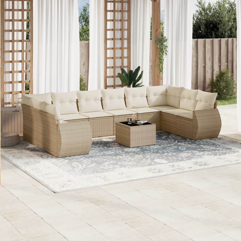 11-tlg. Garten-Sofagarnitur mit Kissen Beige Poly Rattan 11-tlg. Garten-Sofagarnitur mit Kissen Beige Poly Rattan
