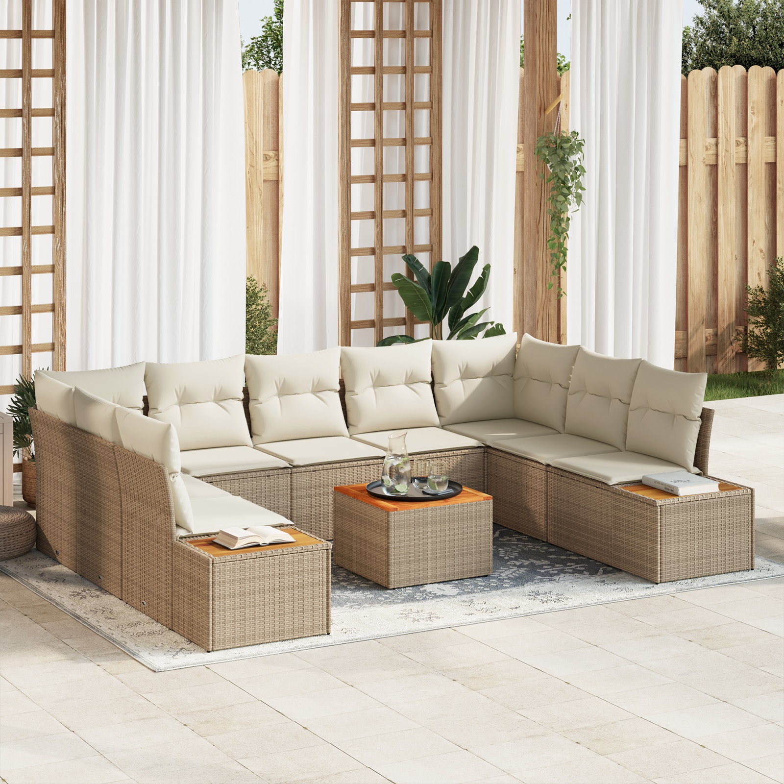 6-teiliges Garten Sofa Set mit Kissen Beige Poly Rattan Akazie 6-teiliges Garten Sofa Set mit Kissen Beige Poly Rattan Akazie