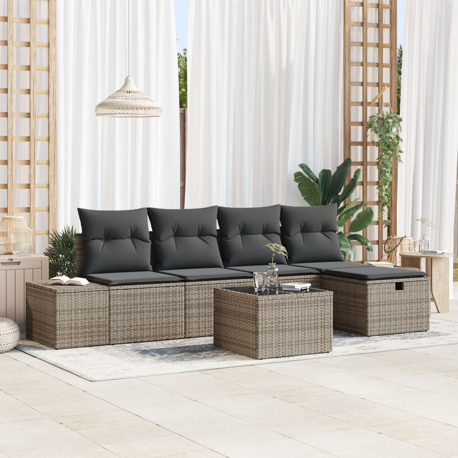 6-teiliges Garten Sofa Set mit Kissen Grau Poly Rattan 6-teiliges Garten Sofa Set mit Kissen Grau Poly Rattan