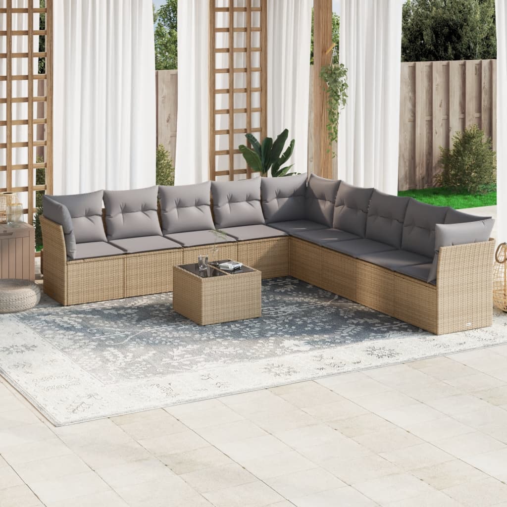 10-tlg. Garten-Sofagarnitur mit Kissen Beige Poly Rattan 10-tlg. Garten-Sofagarnitur mit Kissen Beige Poly Rattan