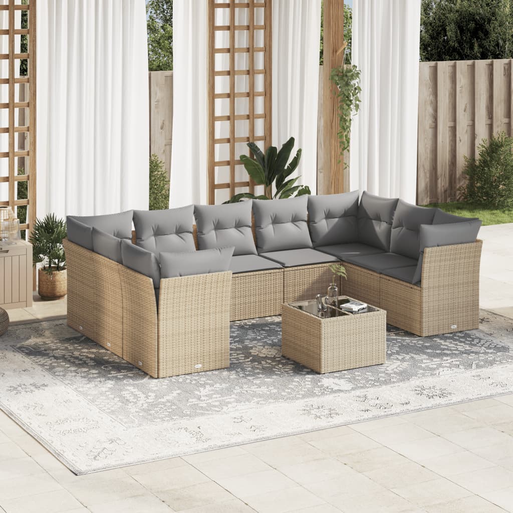 10-tlg. Garten-Sofagarnitur mit Kissen Beige Poly Rattan 10-tlg. Garten-Sofagarnitur mit Kissen Beige Poly Rattan