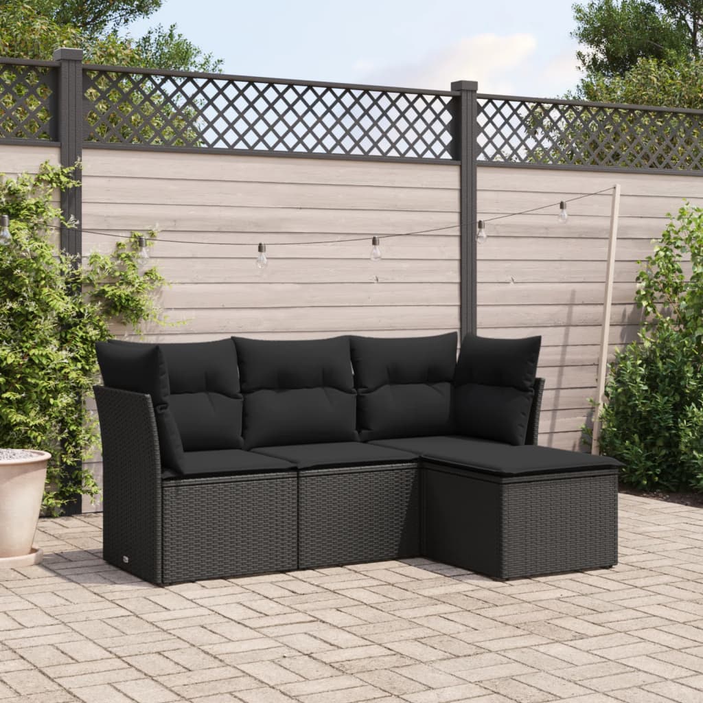 4-tlg. Garten-Sofagarnitur mit Kissen Schwarz Poly Rattan 4-tlg. Garten-Sofagarnitur mit Kissen Schwarz Poly Rattan