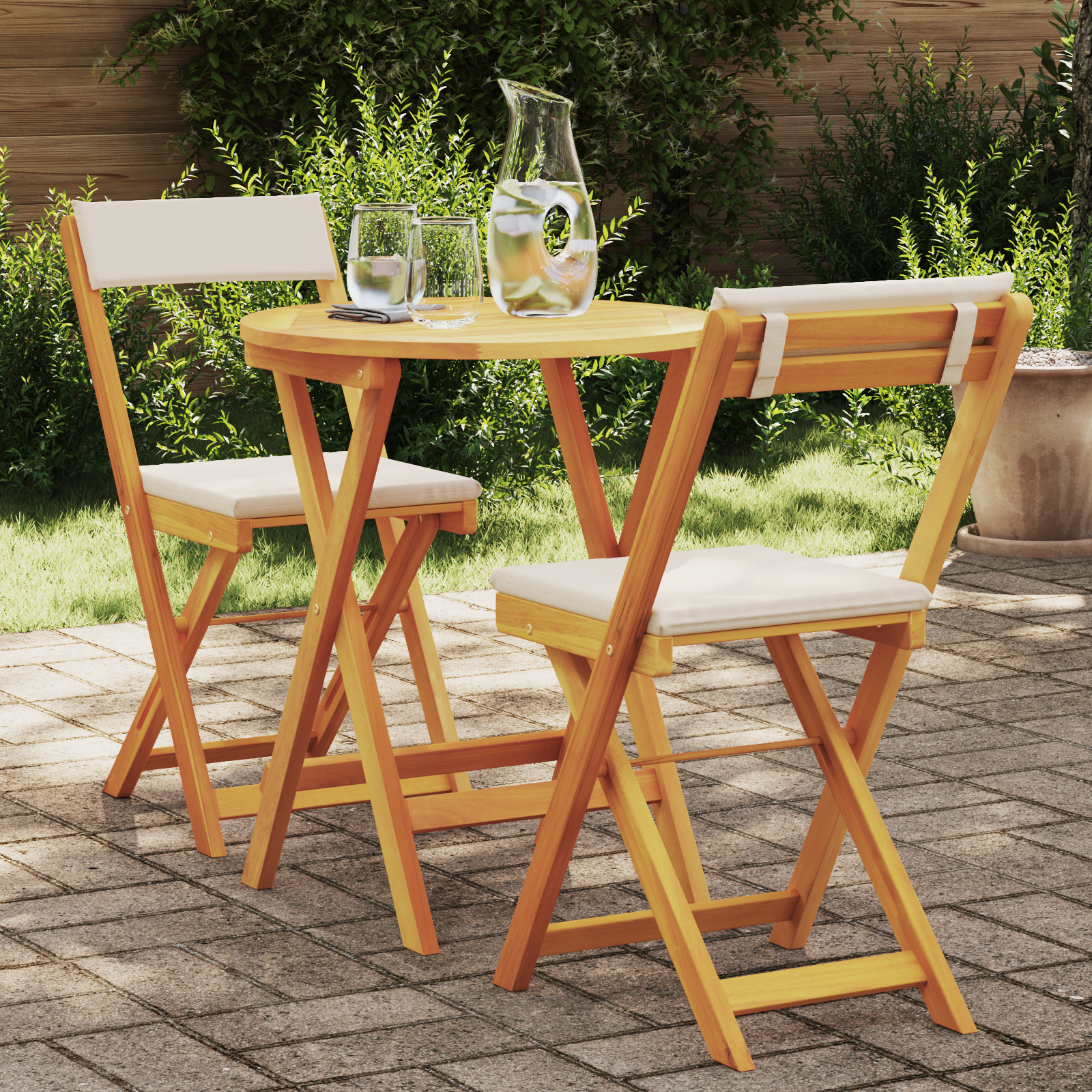 3-teiliges Faltbistro-Set mit Kissen aus massivem Akazienholz 3-teiliges Faltbistro-Set mit Kissen aus massivem Akazienholz