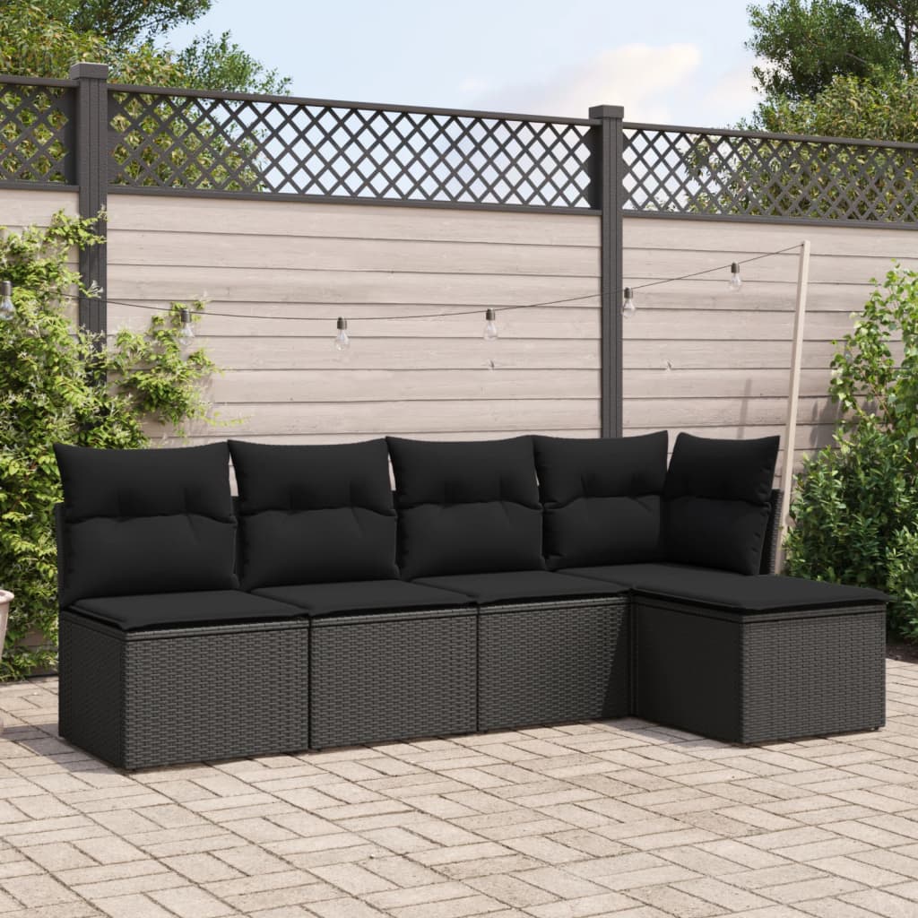 5-tlg. Garten-Sofagarnitur mit Kissen Schwarz Poly Rattan 5-tlg. Garten-Sofagarnitur mit Kissen Schwarz Poly Rattan