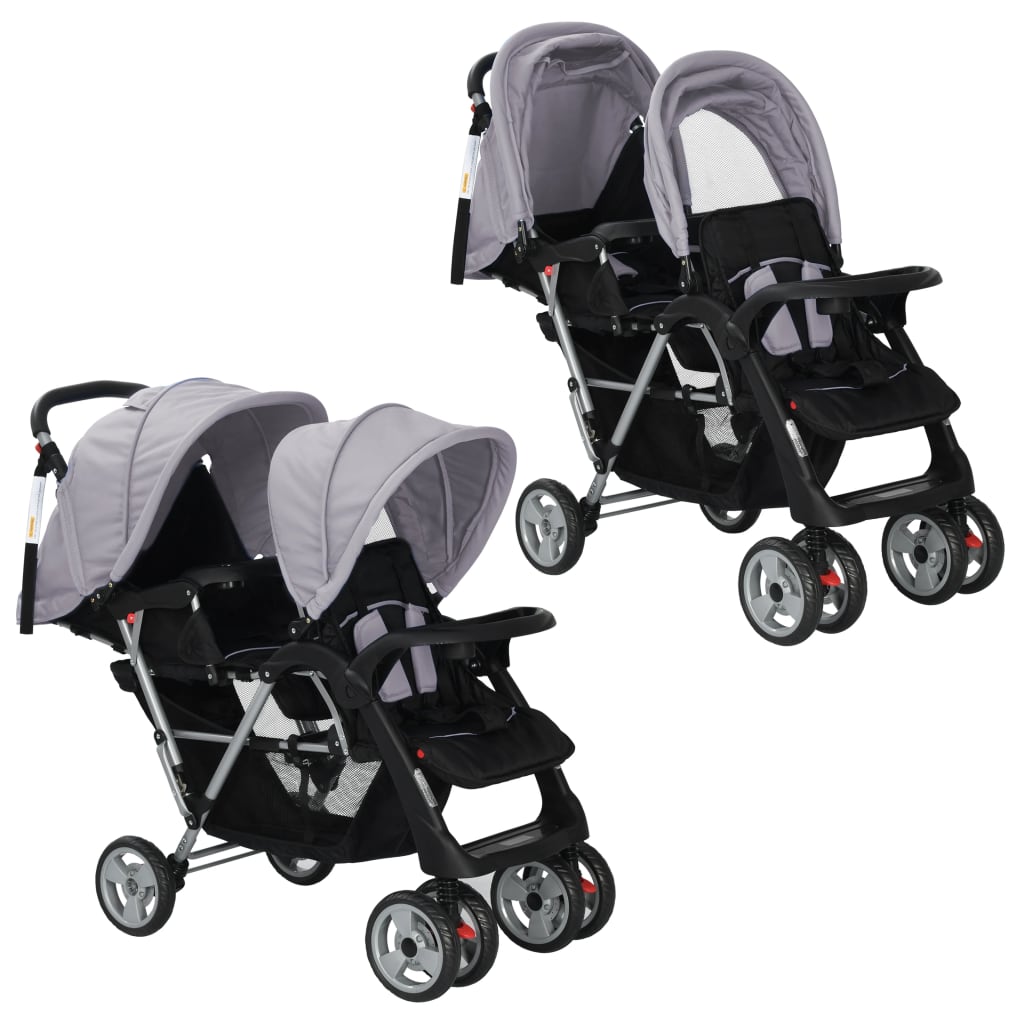Tandem-Kinderwagen Stahl Grau und Schwarz Tandem-Kinderwagen Stahl Grau und Schwarz