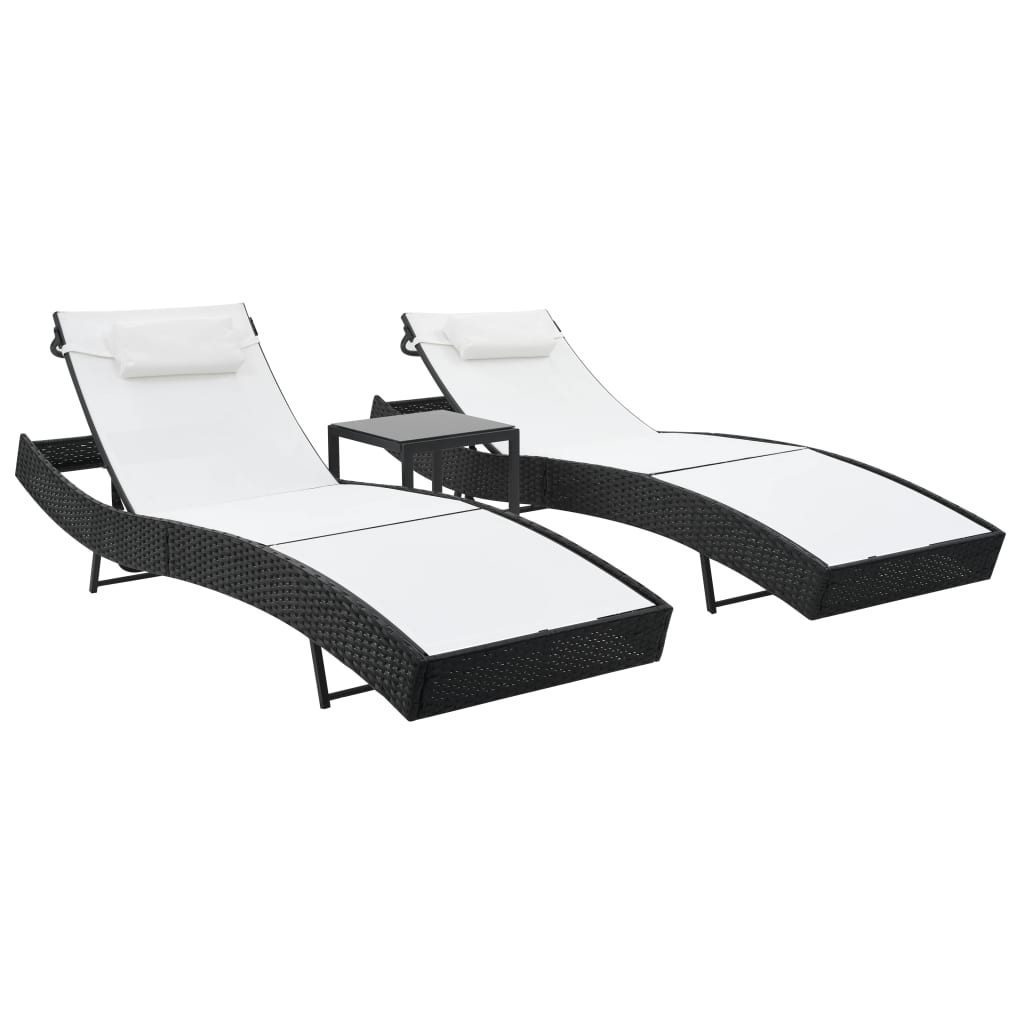 Sonnenliegen 2 Stk. mit Tisch Poly Rattan und Textilene Schwarz Sonnenliegen 2 Stk. mit Tisch Poly Rattan und Textilene Schwarz
