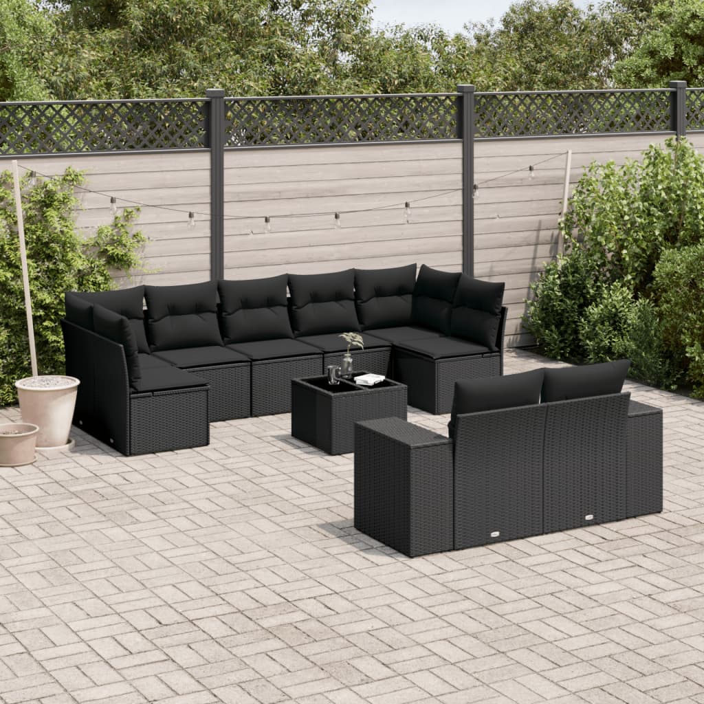 10-tlg. Garten-Sofagarnitur mit Kissen Schwarz Poly Rattan 10-tlg. Garten-Sofagarnitur mit Kissen Schwarz Poly Rattan