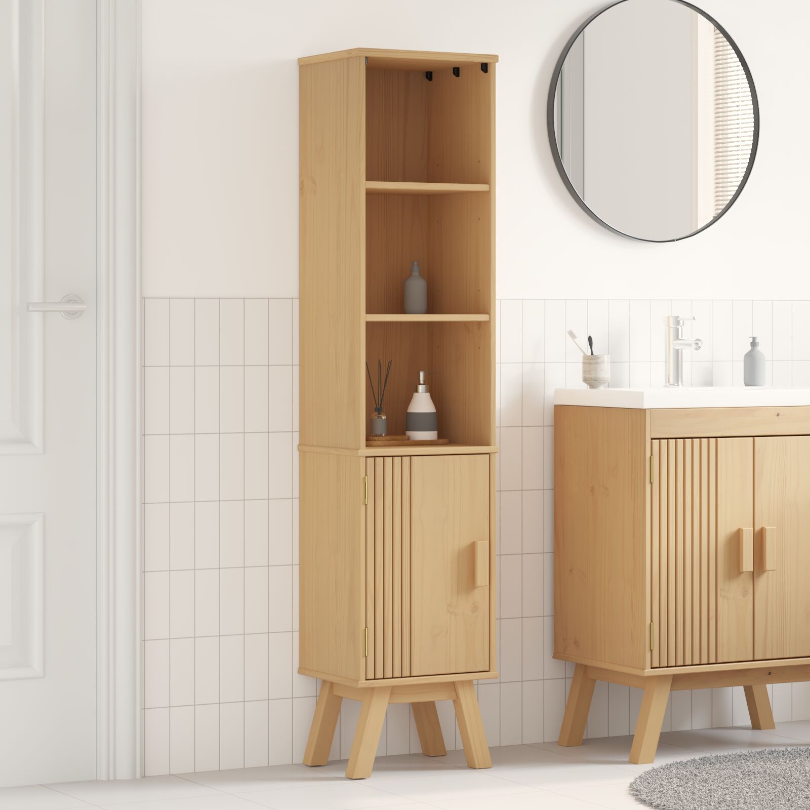 Badezimmer-Schrank Braun 35x30x159 cm Massivholz Kiefer Badezimmer-Schrank Braun 35x30x159 cm Massivholz Kiefer