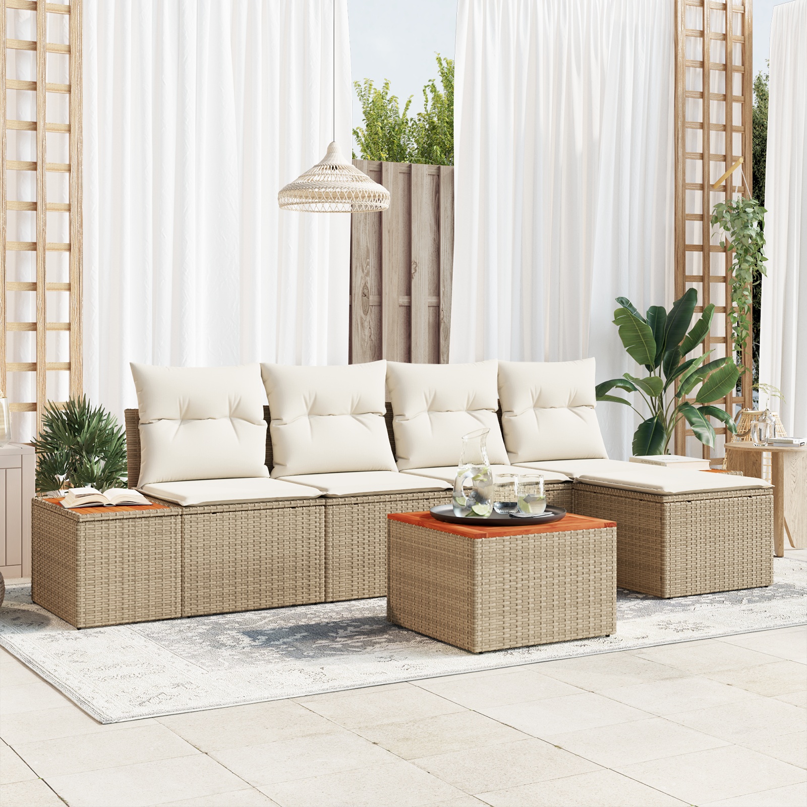 6-teiliges Garten Sofa Set mit Kissen Beige Poly Rattan Akazie 6-teiliges Garten Sofa Set mit Kissen Beige Poly Rattan Akazie