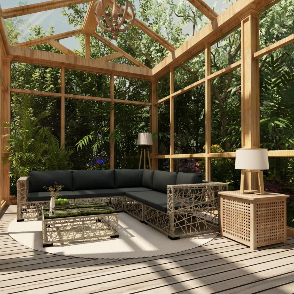 6-tlg. Garten-Lounge-Set mit Auflagen Poly Rattan Grau 6-tlg. Garten-Lounge-Set mit Auflagen Poly Rattan Grau