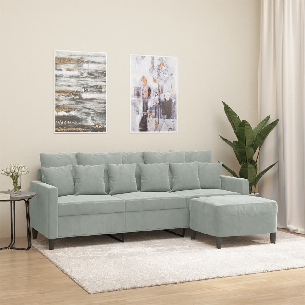 3-Sitzer-Sofa mit Hocker Hellgrau 180 cm Samt 3-Sitzer-Sofa mit Hocker Hellgrau 180 cm Samt