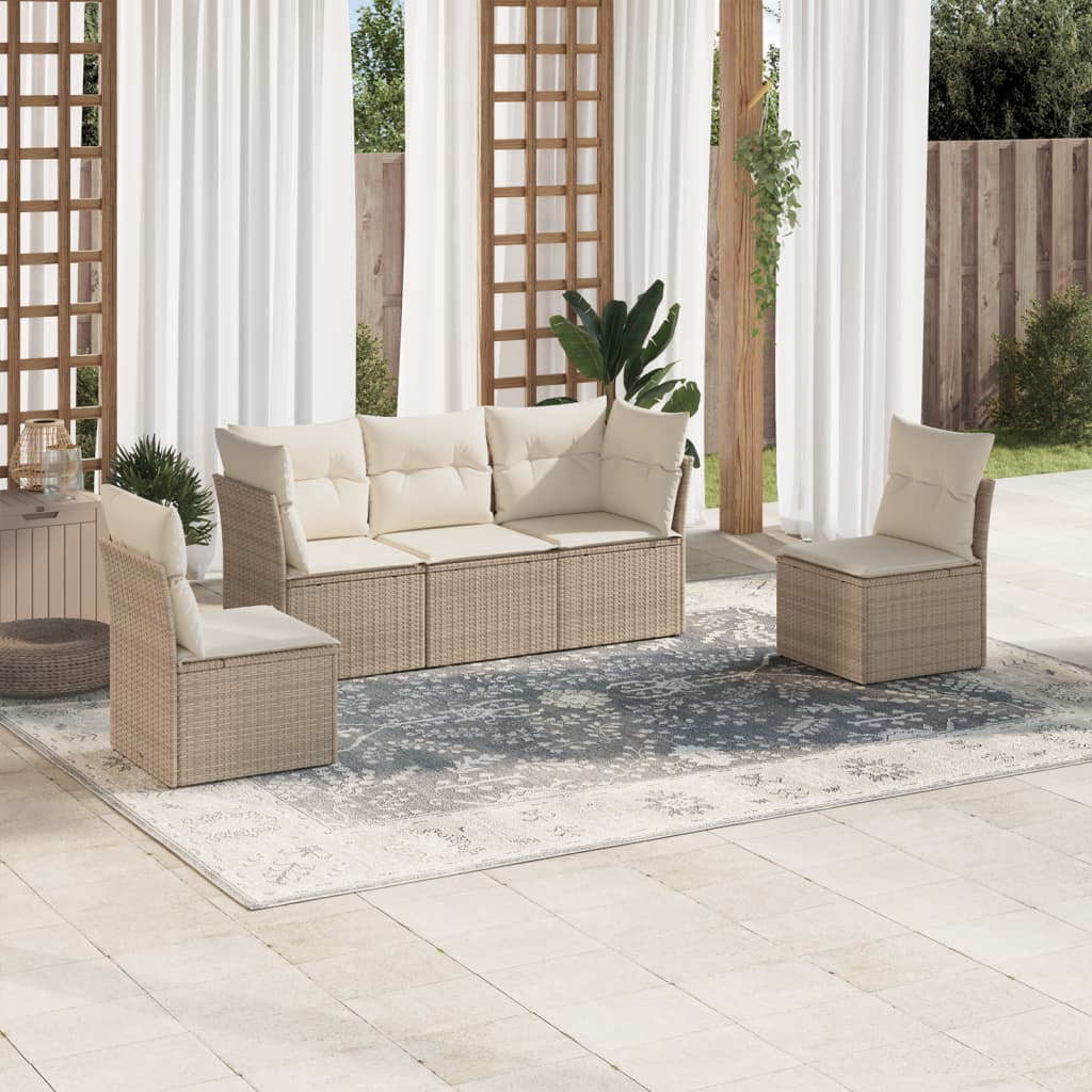 5-tlg. Garten-Sofagarnitur mit Kissen Beige Poly Rattan 5-tlg. Garten-Sofagarnitur mit Kissen Beige Poly Rattan