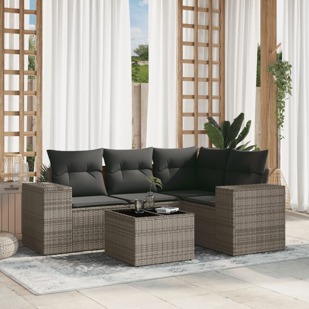 5-tlg. Garten-Sofagarnitur mit Kissen Grau Poly Rattan 5-tlg. Garten-Sofagarnitur mit Kissen Grau Poly Rattan