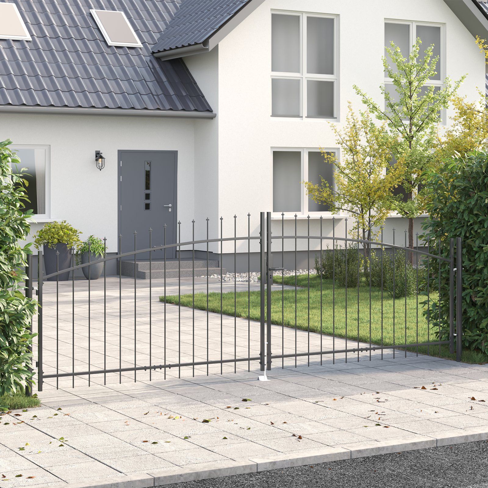 Gartentor mit Spear Top Doppelschwing Grau 125x400 cm Stahl Gartentor mit Spear Top Doppelschwing Grau 125x400 cm Stahl