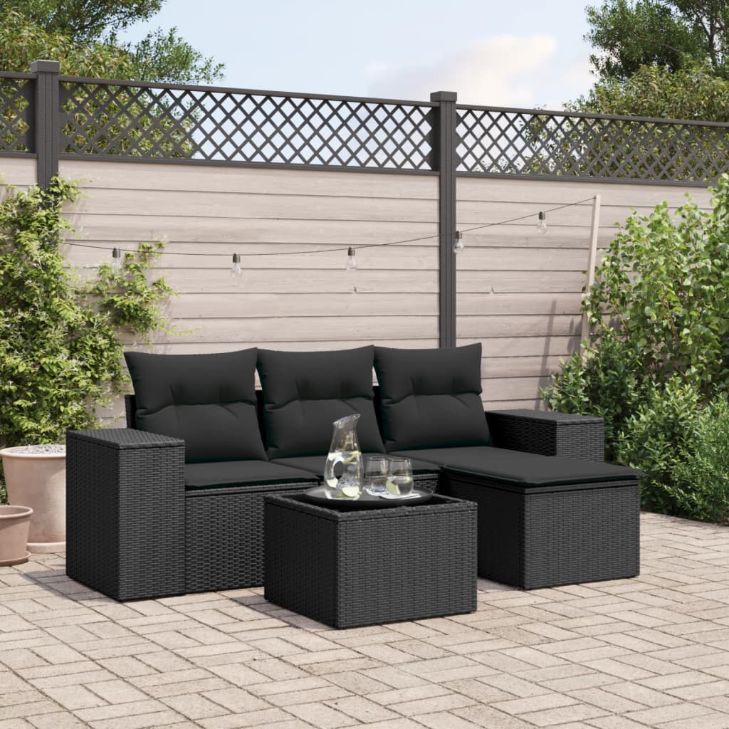 5-tlg. Garten-Sofagarnitur mit Kissen Schwarz Poly Rattan 5-tlg. Garten-Sofagarnitur mit Kissen Schwarz Poly Rattan