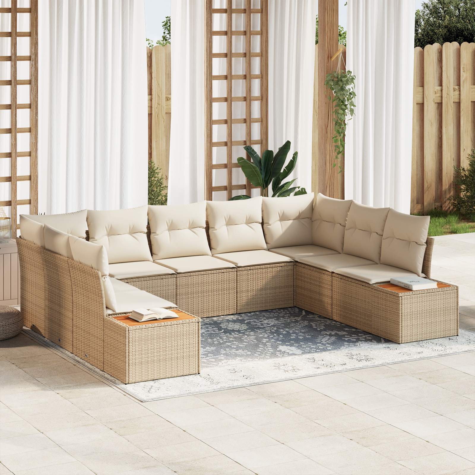 5-teiliges Garten Sofa Set mit Kissen Beige Poly Rattan Akazie 5-teiliges Garten Sofa Set mit Kissen Beige Poly Rattan Akazie