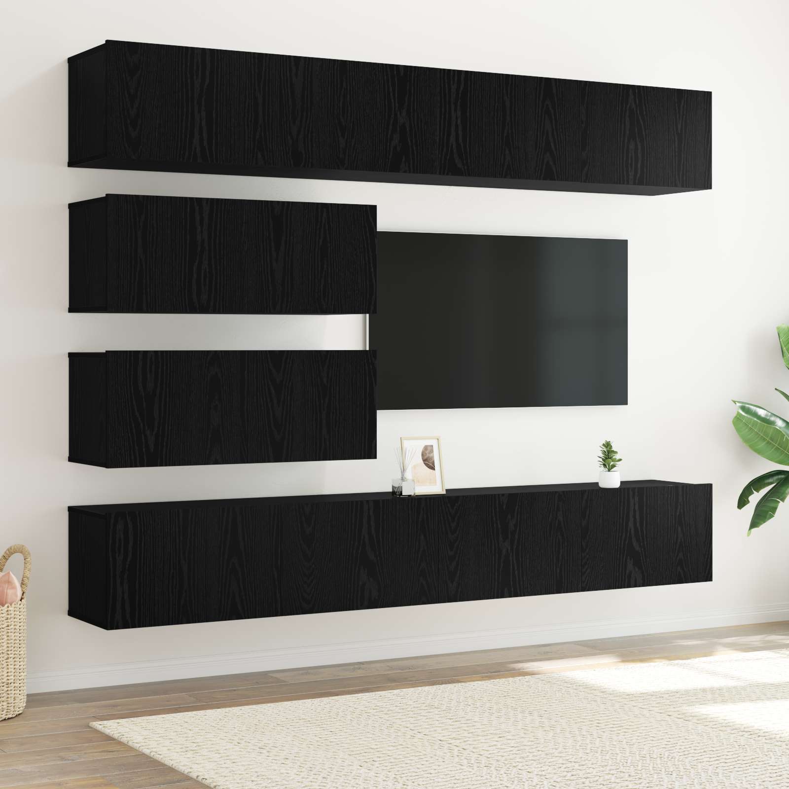 10-teiliges TV Schrank Set - Wandmontiertes schwarzes Eichenholz 10-teiliges TV Schrank Set - Wandmontiertes schwarzes Eichenholz