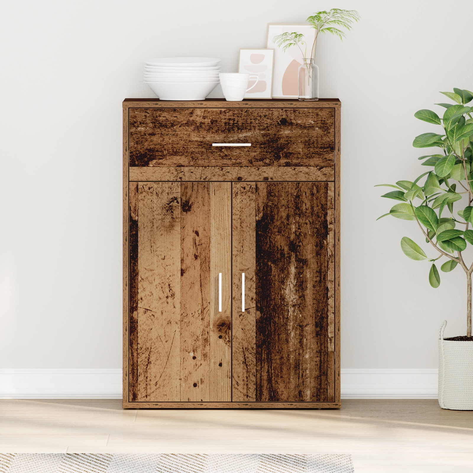 Sideboard mit Schubladen mit Regal mit Speicher mit Tür Altholz 79 x 38 x 80 cm Holzwerkstoff Sideboard mit Schubladen mit Regal mit Speicher mit Tür Altholz 79 x 38 x 80 cm Holzwerkstoff