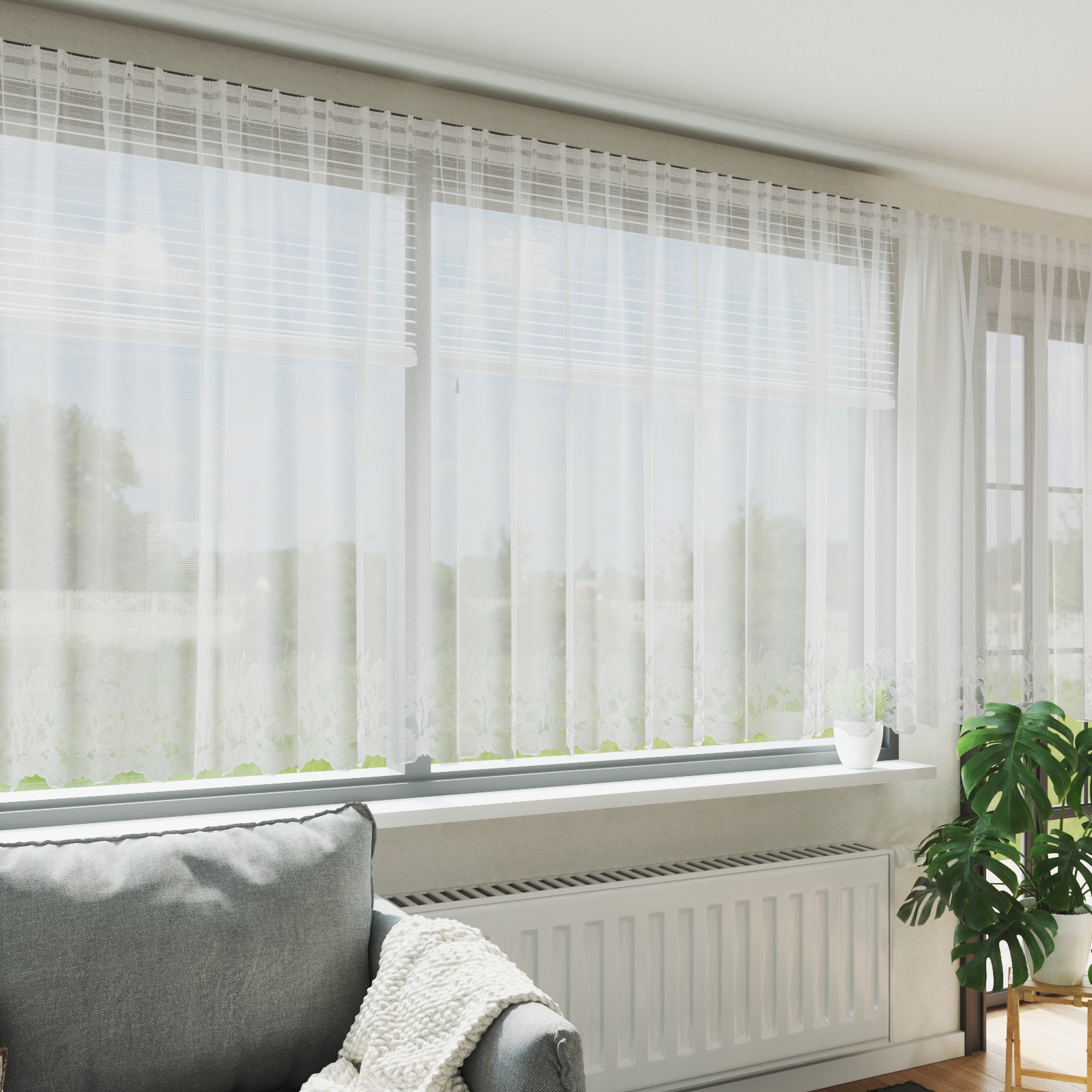 Spitzenvorhang mit Vorhängen Floral Weiß 400 x 160 cm Polyester