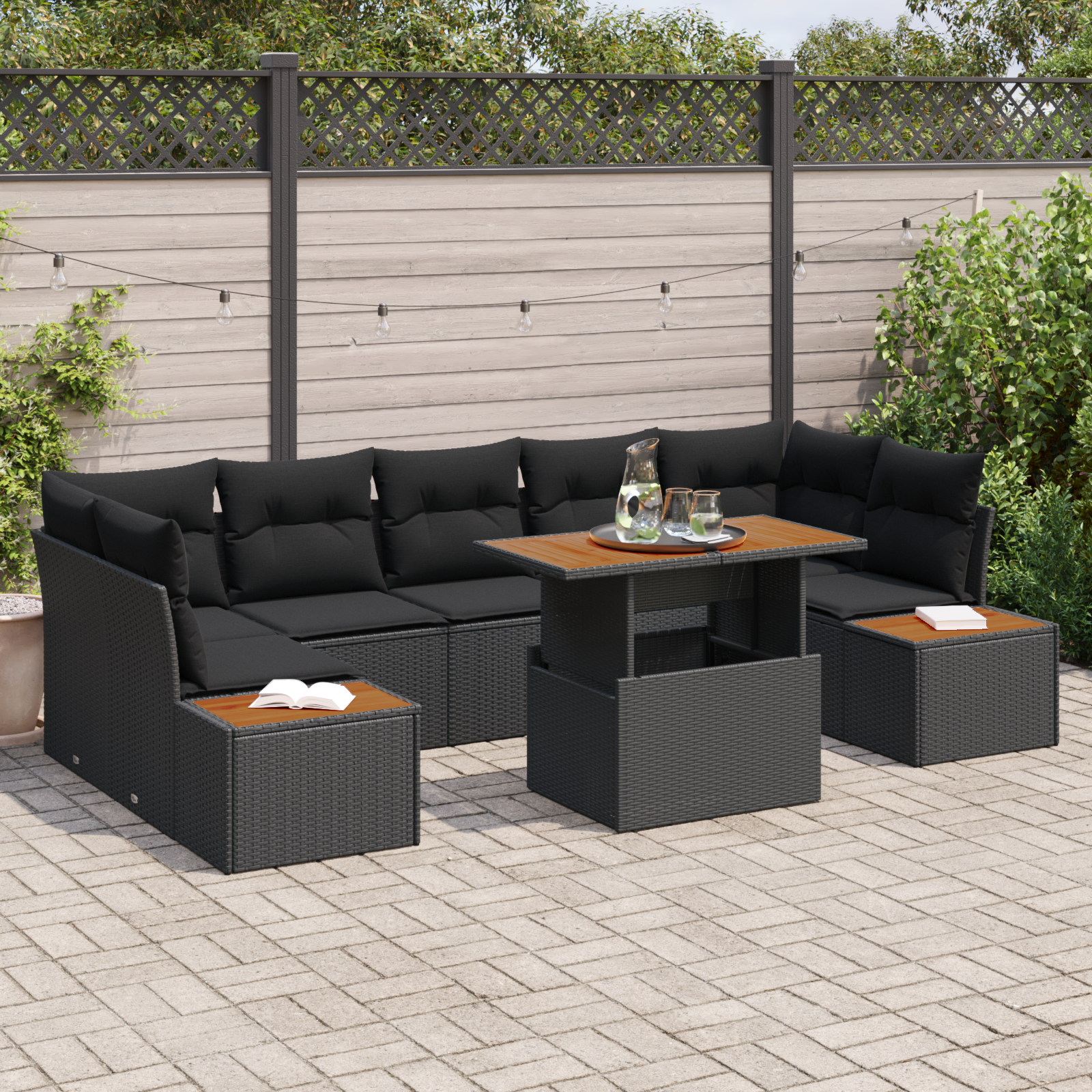 8-teiliges Garten Sofa Set mit Kissen Schwarz Poly Rattan 8-teiliges Garten Sofa Set mit Kissen Schwarz Poly Rattan