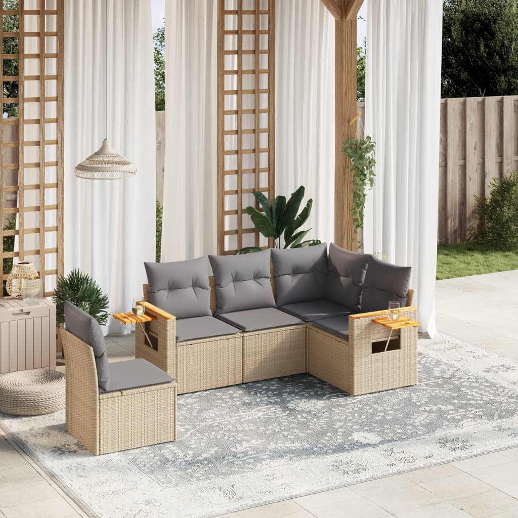 5-tlg. Garten-Sofagarnitur mit Kissen Beige Poly Rattan 5-tlg. Garten-Sofagarnitur mit Kissen Beige Poly Rattan