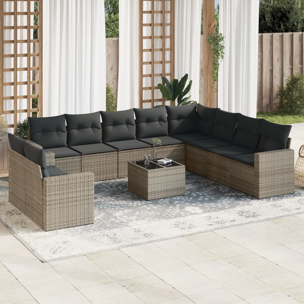 11-tlg. Garten-Sofagarnitur mit Kissen Grau Poly Rattan 11-tlg. Garten-Sofagarnitur mit Kissen Grau Poly Rattan
