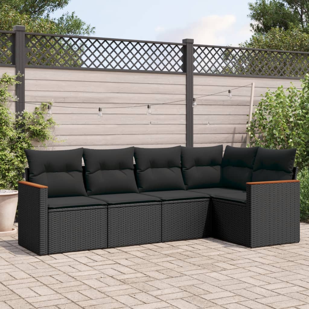 5-tlg. Garten-Sofagarnitur mit Kissen Schwarz Poly Rattan 5-tlg. Garten-Sofagarnitur mit Kissen Schwarz Poly Rattan