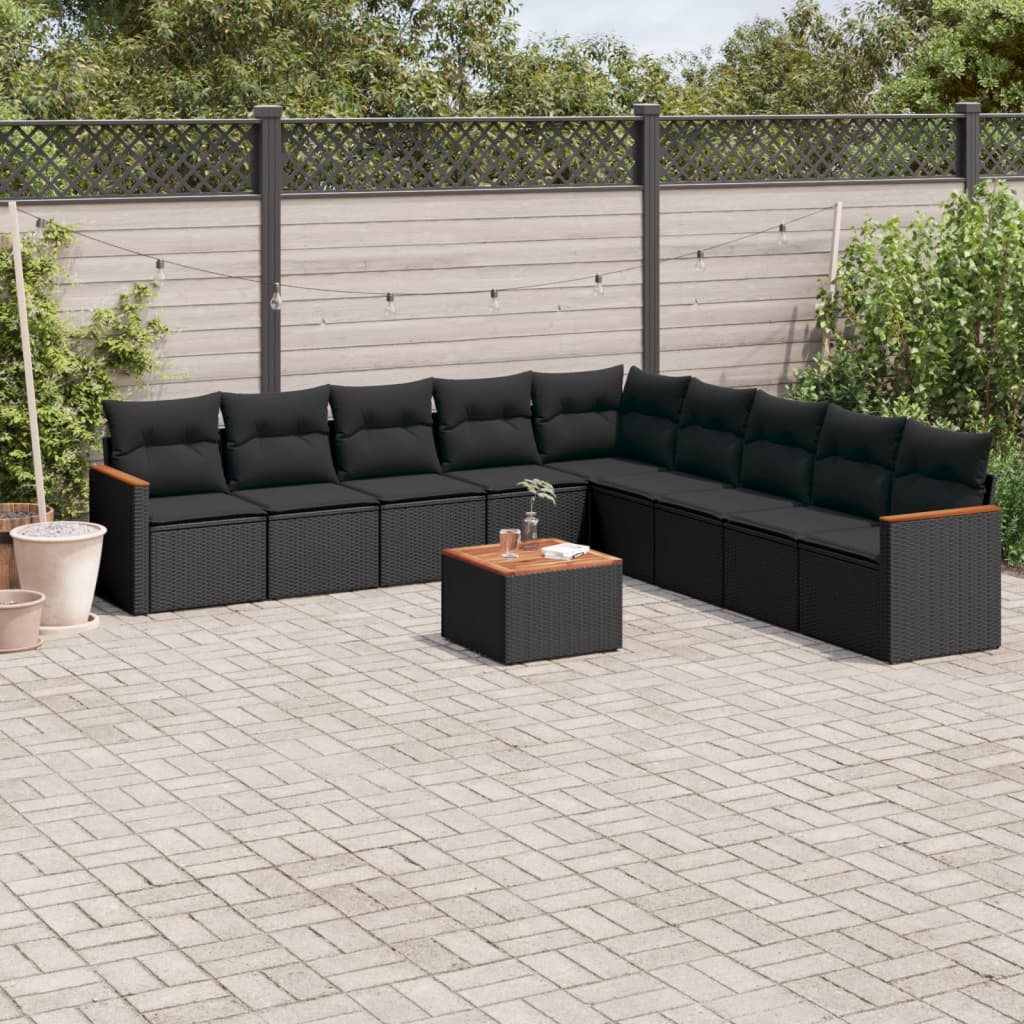 10-tlg. Garten-Sofagarnitur mit Kissen Schwarz Poly Rattan 10-tlg. Garten-Sofagarnitur mit Kissen Schwarz Poly Rattan