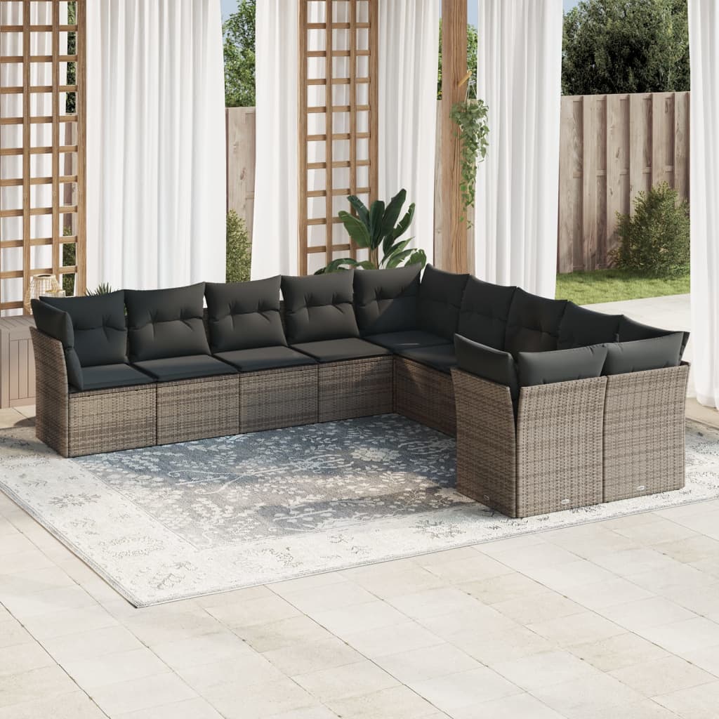 10-tlg. Garten-Sofagarnitur mit Kissen Grau Poly Rattan 10-tlg. Garten-Sofagarnitur mit Kissen Grau Poly Rattan