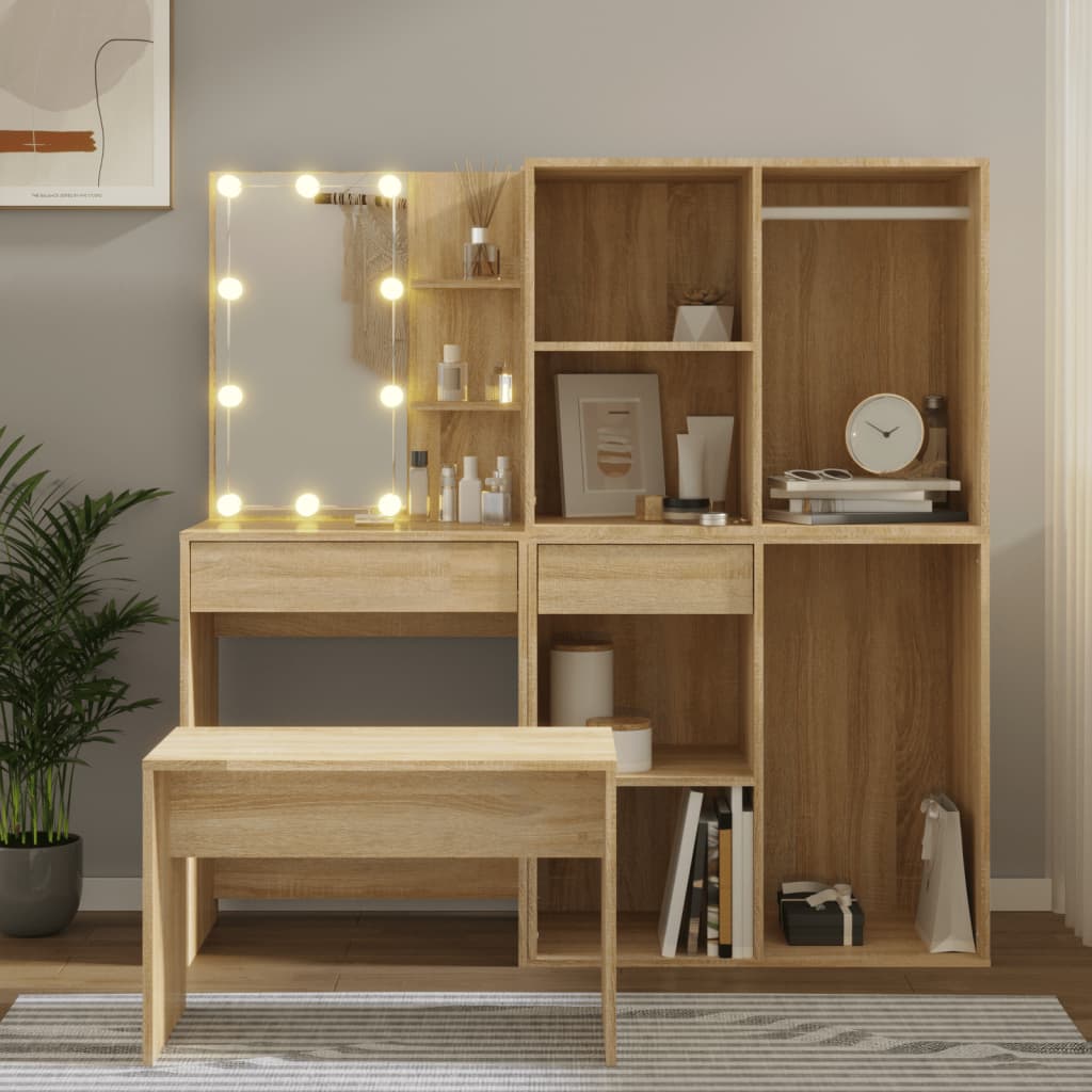 Schminktisch-Set mit LED Sonoma-Eiche Holzwerkstoff Schminktisch-Set mit LED Sonoma-Eiche Holzwerkstoff