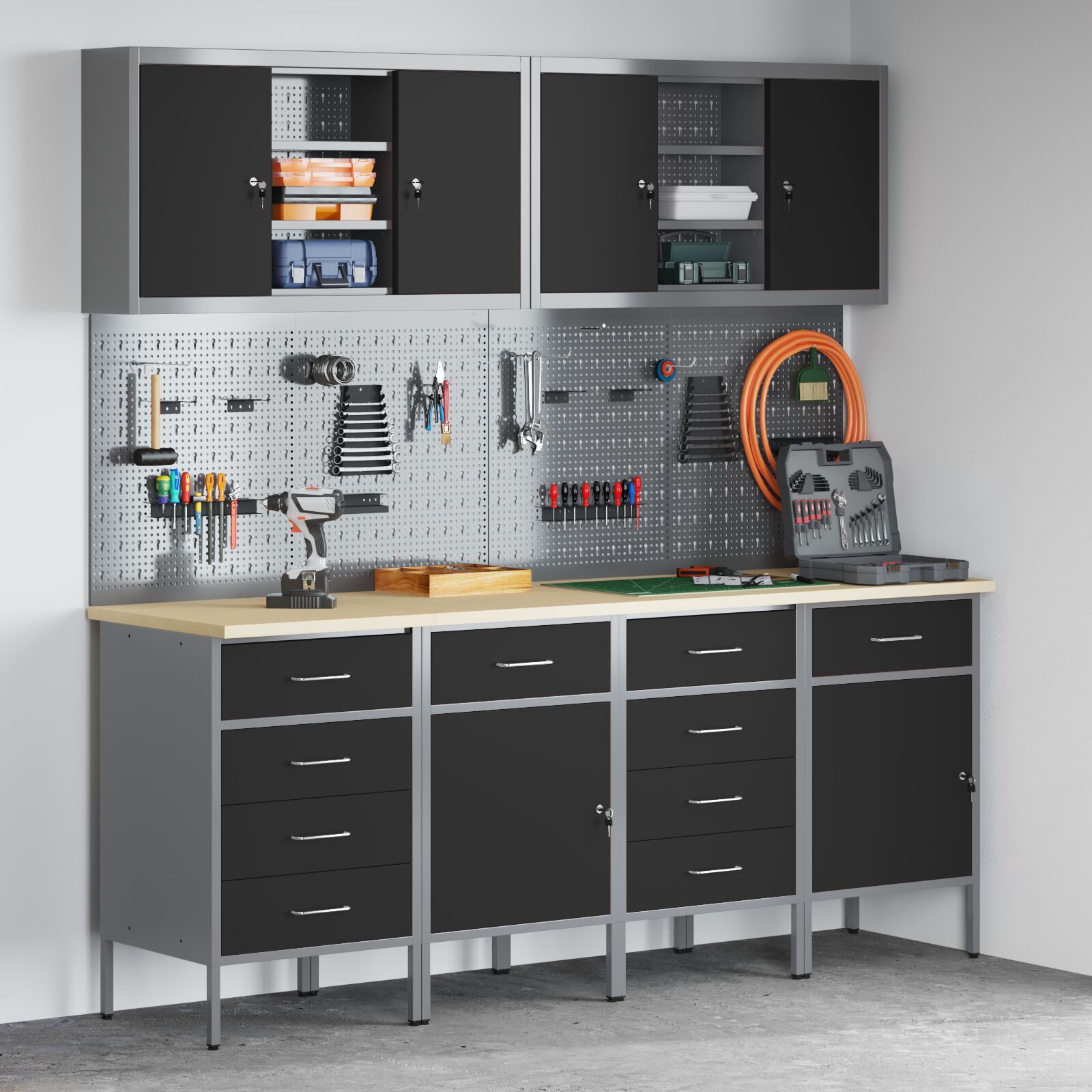 vidaXL 10-teiliges Werkbank- und Pegboard-Set Schwarz MDF und Metall vidaXL 10-teiliges Werkbank- und Pegboard-Set Schwarz MDF und Metall
