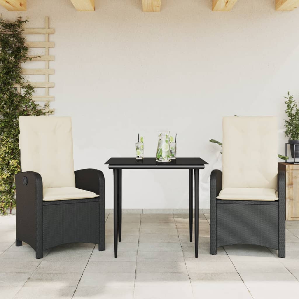 3-tlg. Garten-Essgruppe mit Kissen Schwarz Poly Rattan 3-tlg. Garten-Essgruppe mit Kissen Schwarz Poly Rattan
