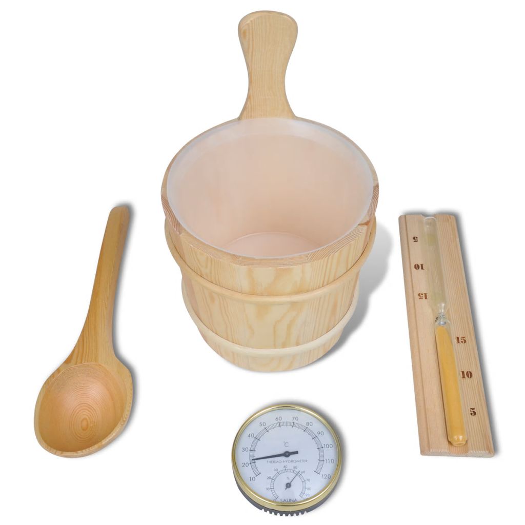 5-tlg. Saunazubehör mit Eimer Löffel Sanduhr Thermo-Hygrometer 5-tlg. Saunazubehör mit Eimer Löffel Sanduhr Thermo-Hygrometer