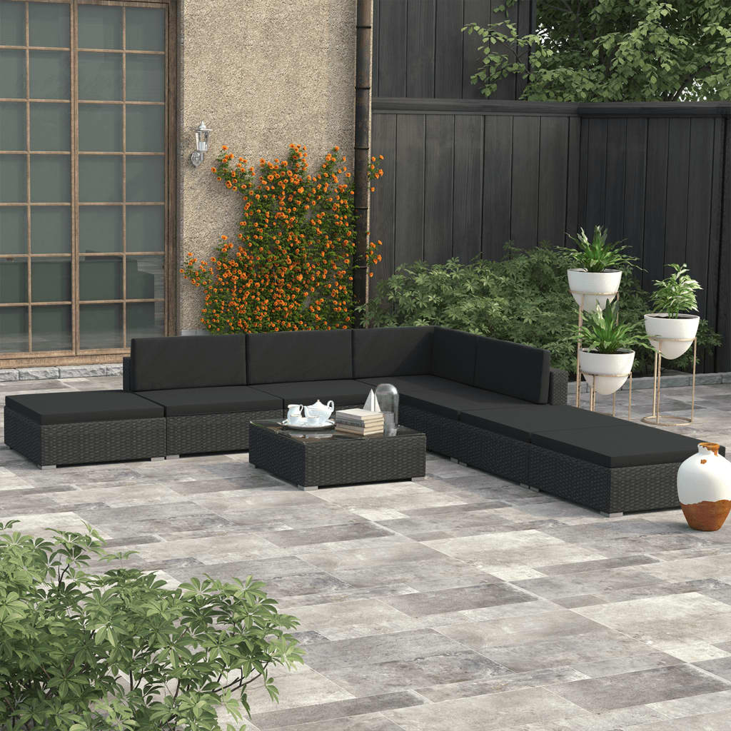 8-tlg. Garten-Lounge-Set mit Auflagen Poly Rattan Schwarz 8-tlg. Garten-Lounge-Set mit Auflagen Poly Rattan Schwarz