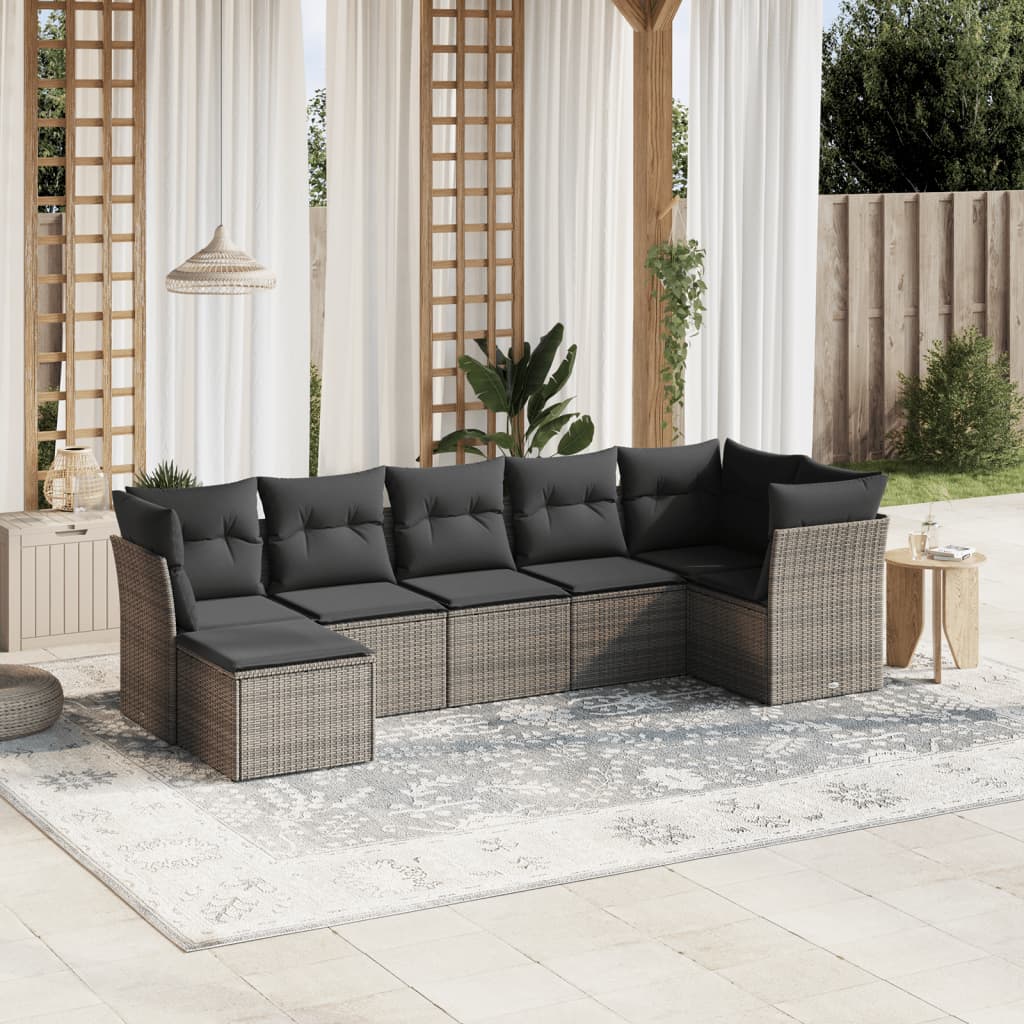 7-tlg. Garten-Sofagarnitur mit Kissen Grau Poly Rattan 7-tlg. Garten-Sofagarnitur mit Kissen Grau Poly Rattan