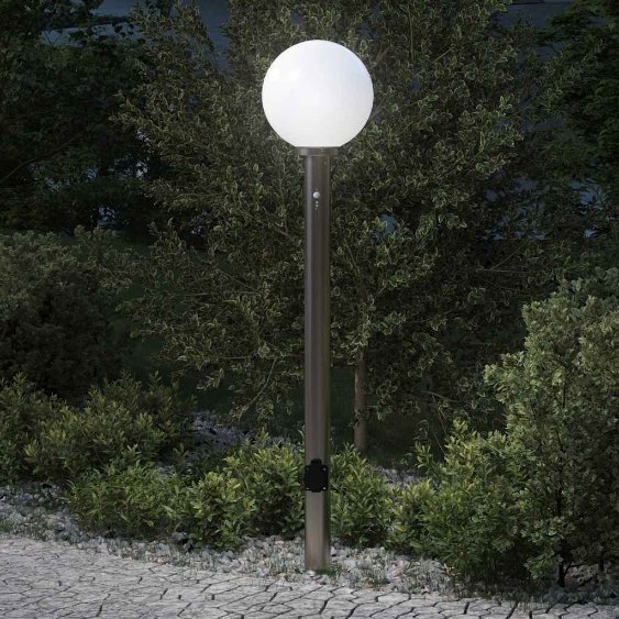 Pollerleuchte mit Sensor und Steckdose 120 cm Edelstahl IP44 Pollerleuchte mit Sensor und Steckdose 120 cm Edelstahl IP44