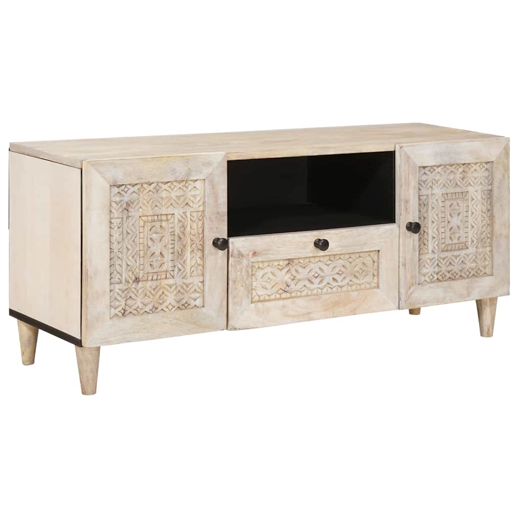 TV-Schränk mit Regal Weiß 105 x 33 x 46 cm massives Mangoholz