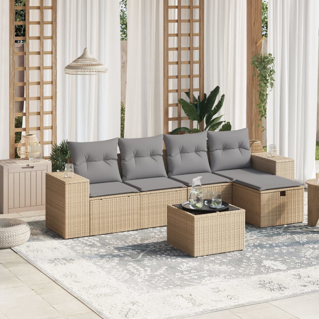 6-tlg. Garten-Sofagarnitur mit Kissen Beige Poly Rattan 6-tlg. Garten-Sofagarnitur mit Kissen Beige Poly Rattan