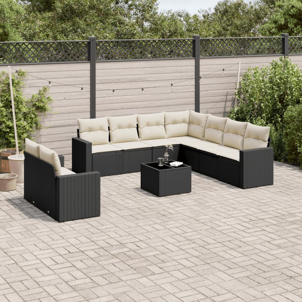 10-tlg. Garten-Sofagarnitur mit Kissen Schwarz Poly Rattan 10-tlg. Garten-Sofagarnitur mit Kissen Schwarz Poly Rattan